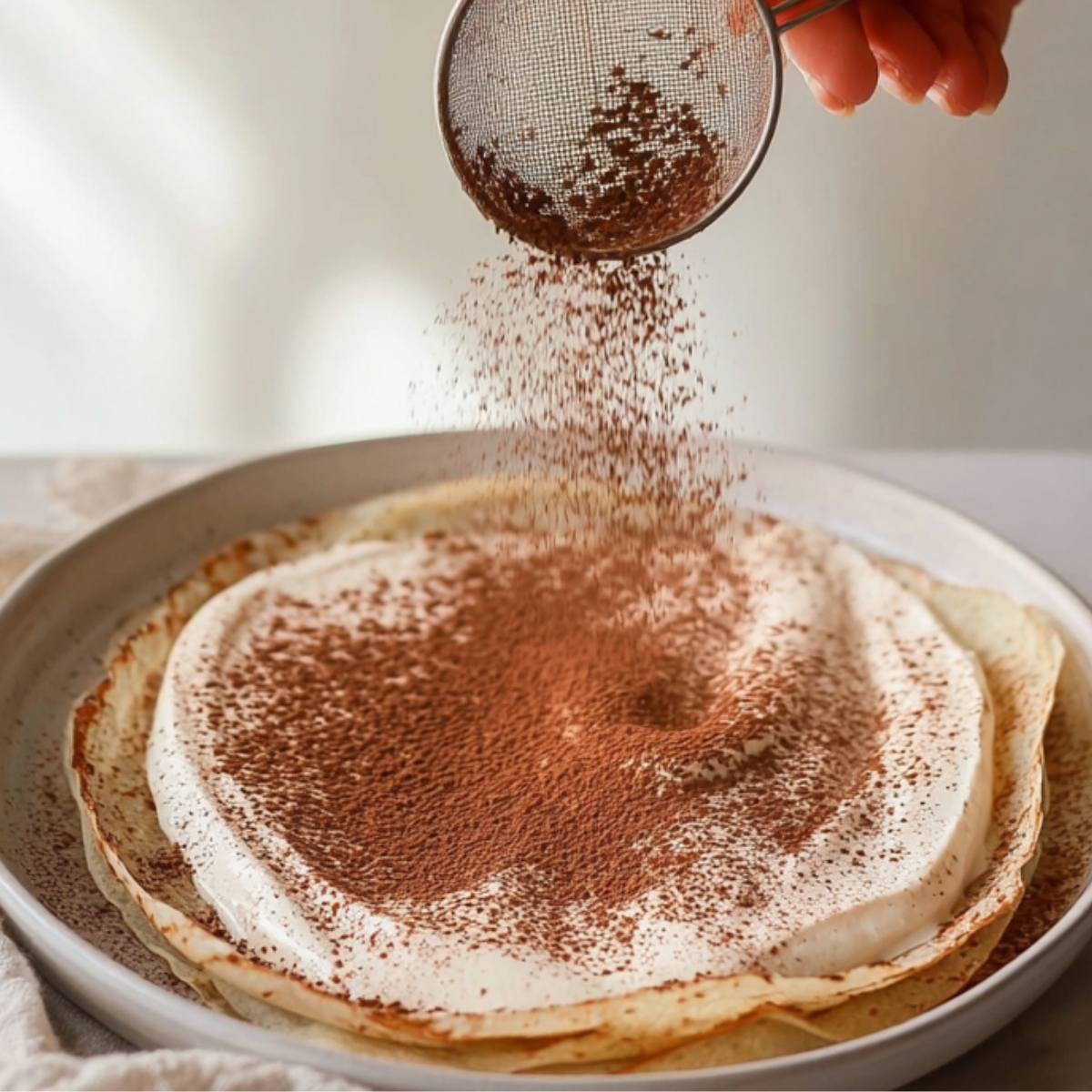 Tiramisu Crepe Cake Recipe | Easy 6-Step Guide 12 A hand gently sifting cocoa powder over layers of mascarpone cream and crepes. The cocoa powder is being evenly dusted onto the cream.