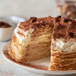 Tiramisu Crepe Cake Recipe | Easy 6-Step Guide 18 A Tiramisu Crepe Cake on a plate, with a slice removed to show the thin layers of crepes and mascarpone filling inside. The cake is topped with a dusting of cocoa powder, and a few pieces of chocolate are visible on the top.