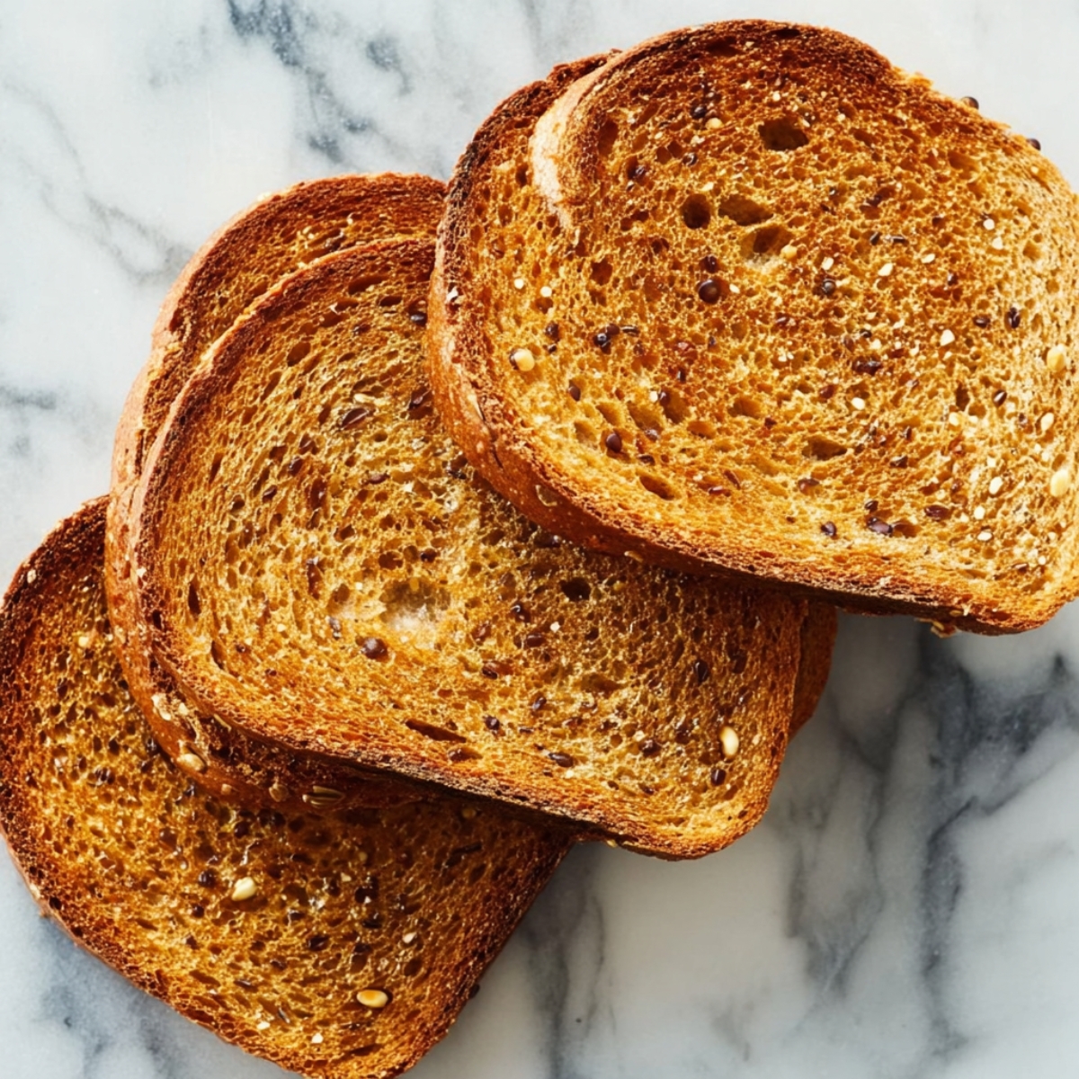 Easy Avocado Toast Recipe | Ready in 5 Minutes 10 “Stack of golden brown toasted multigrain bread slices arranged on a marble surface.”