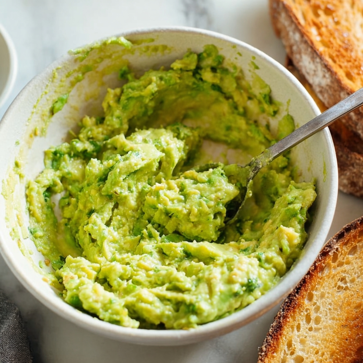 Easy Avocado Toast Recipe | Ready in 5 Minutes 11 Bowl of freshly mashed avocado with a spoon, placed next to toasted bread on a light kitchen surface.