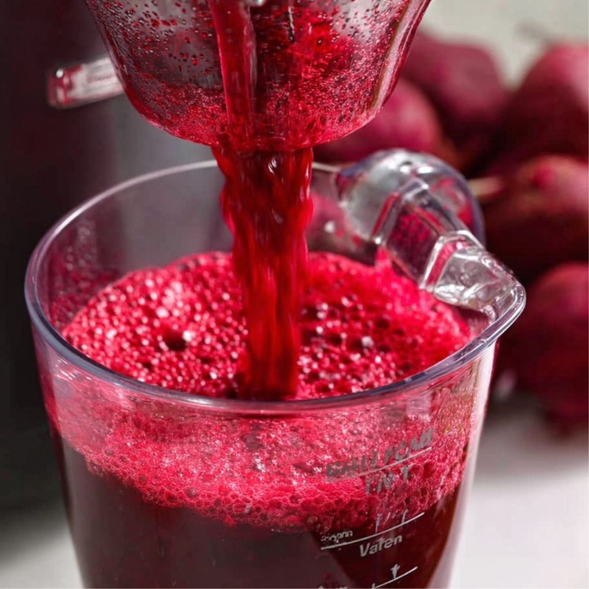 How to Make Beetroot Juice at Home - 2 Easy Ways 11 Close-up of fresh beet juice flowing from a juicer into a clear measuring cup, bright red color with frothy surface, whole beets visible in the background.