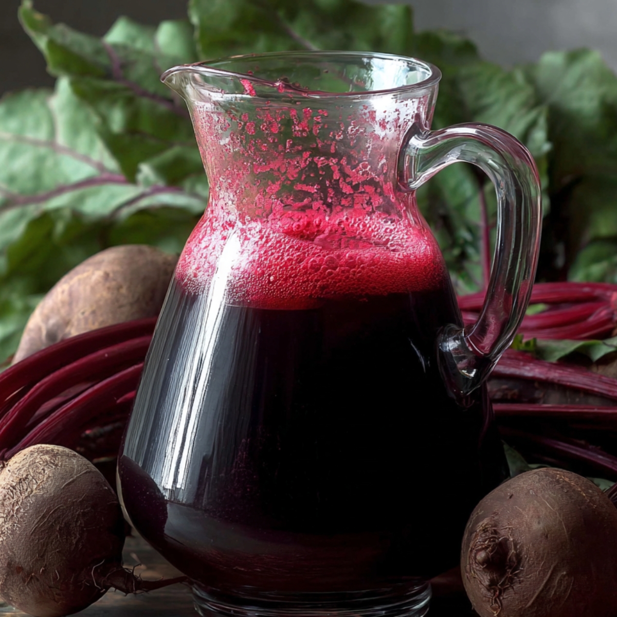 How to Make Beetroot Juice at Home - 2 Easy Ways 12 Glass pitcher filled with freshly made beet juice, dark ruby color with light foam, whole beets and beet stems arranged around on a rustic surface.