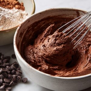 Healthy Chocolate Brownie Cookies Recipe 15 A baking scene showing bowls of cocoa powder, flour, and a thick chocolate batter being whisked, with dark chocolate chips scattered nearby.