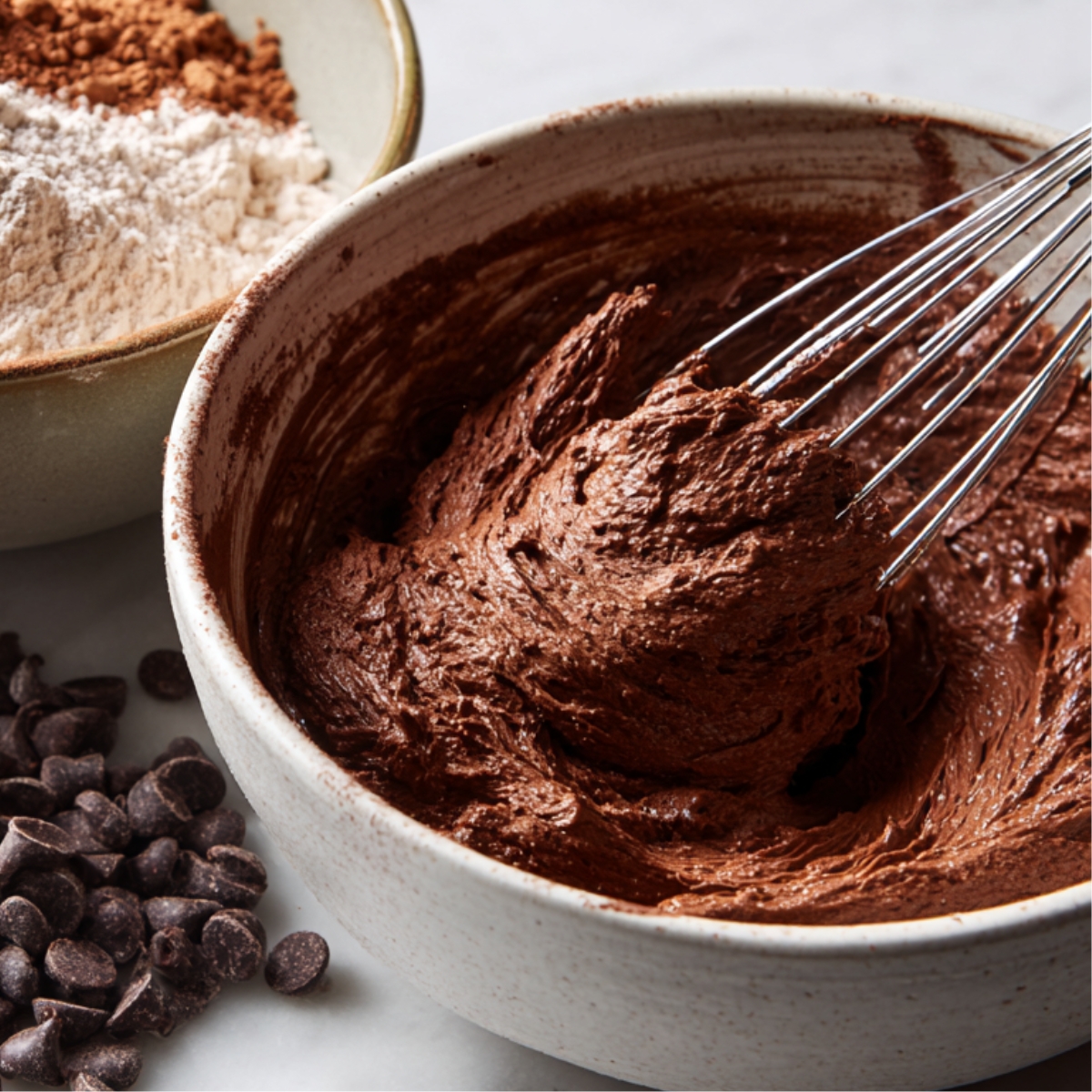 Healthy Chocolate Brownie Cookies Recipe 11 A baking scene showing bowls of cocoa powder, flour, and a thick chocolate batter being whisked, with dark chocolate chips scattered nearby.