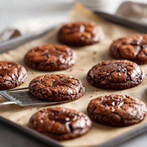 Healthy Chocolate Brownie Cookies Recipe 16 Freshly baked chocolate brownie cookies with crackly tops sit on a parchment-lined baking sheet, one being lifted with a spatula, showcasing their glossy, fudgy centers.