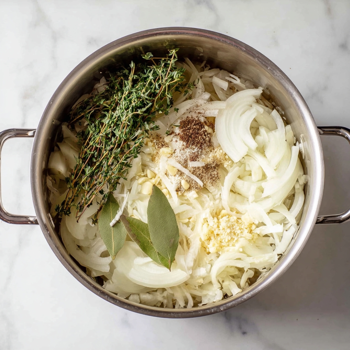 French Onion Soup Recipe - Rich & Easy in 1 Hour 10 Overhead view of sliced onions in a pot with fresh thyme, bay leaves, minced garlic, and seasonings before cooking.