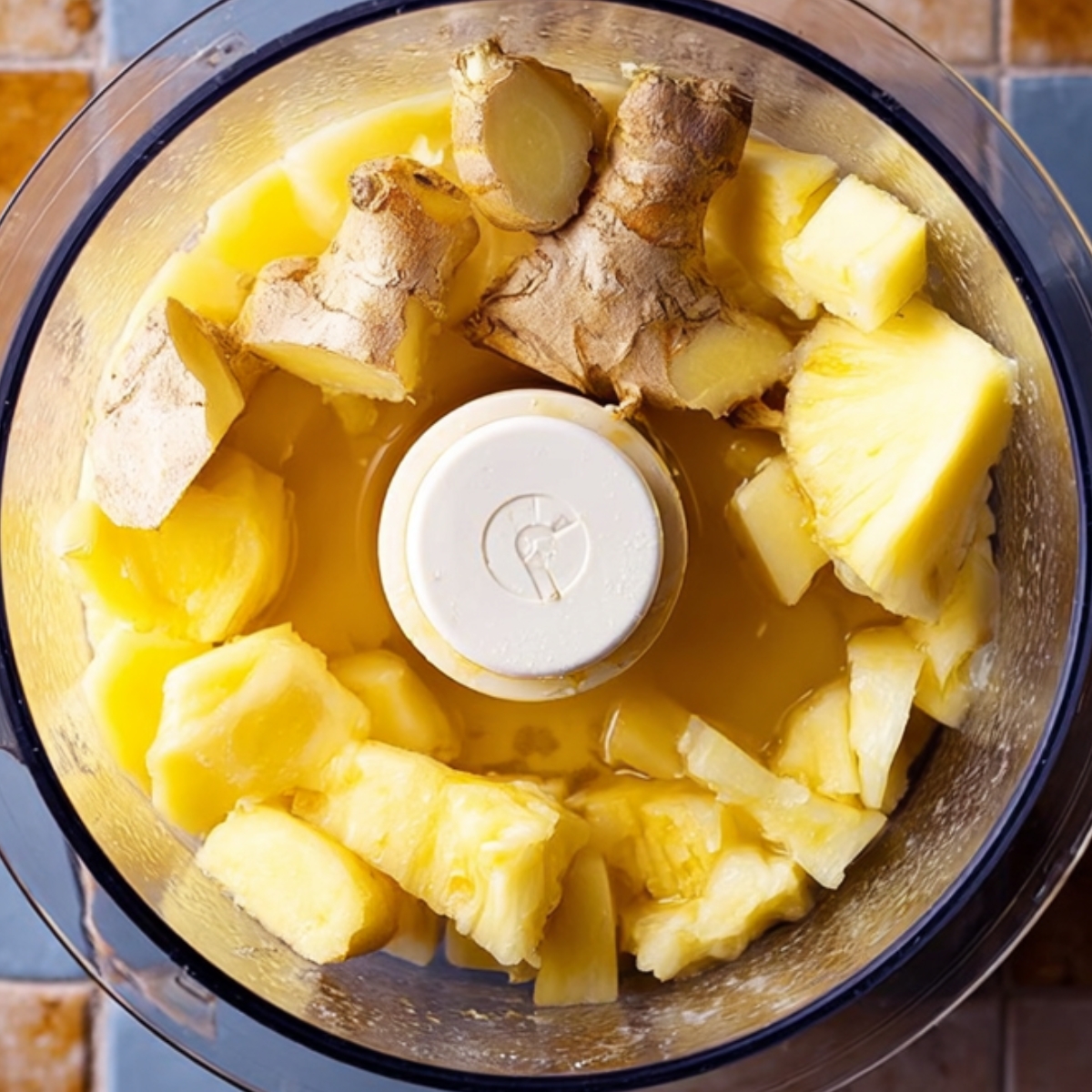 Homemade Ginger Shot Recipe | 5 Ingredients, 5 Minutes 11 Chunks of ginger and pineapple in a food processor, ready to be blended into a fresh juice