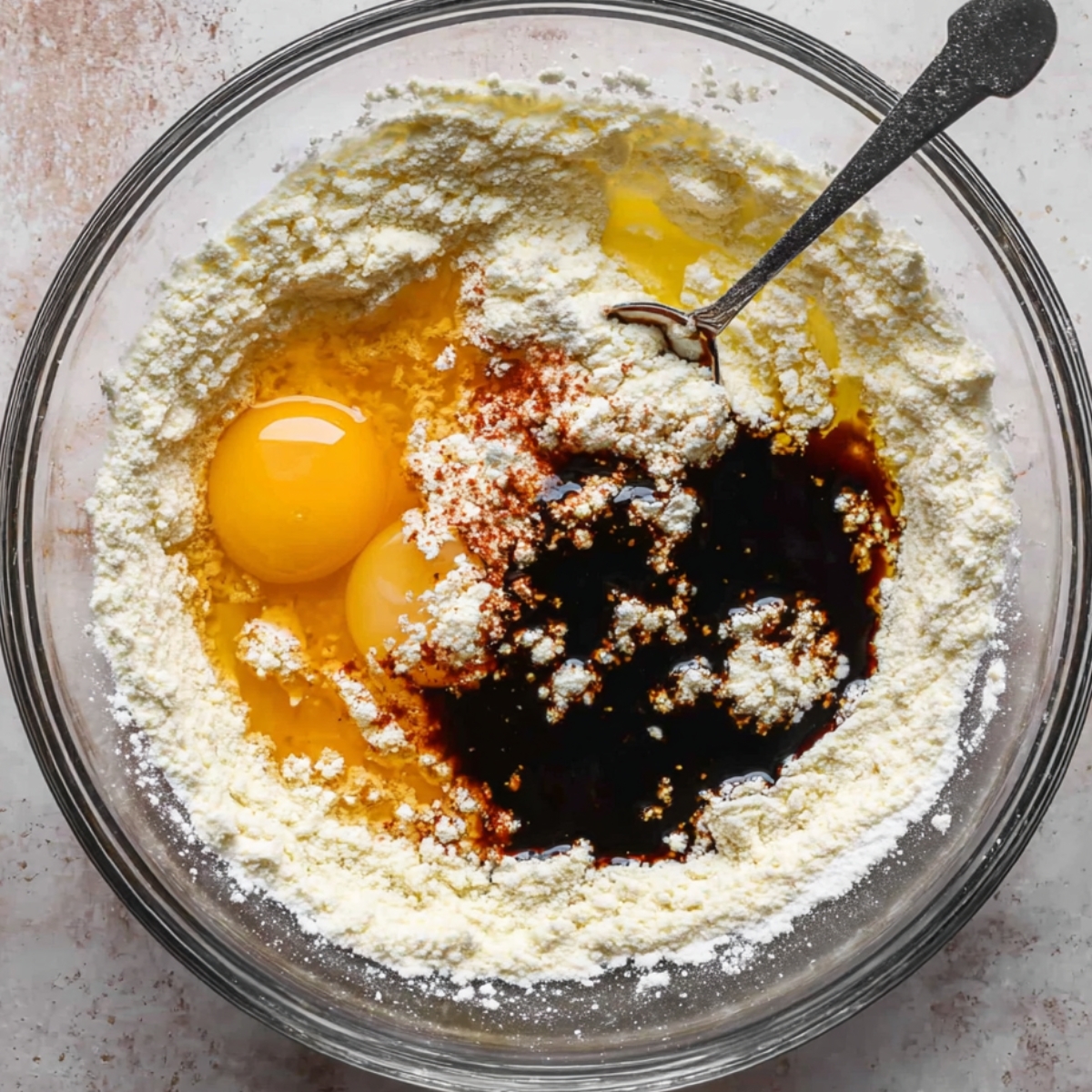Easy Gingerbread Cake Recipe | Moist & Perfectly Spiced 10 Top-down view of a glass bowl with flour, eggs, vanilla extract, and spices being mixed for gingerbread cake batter.