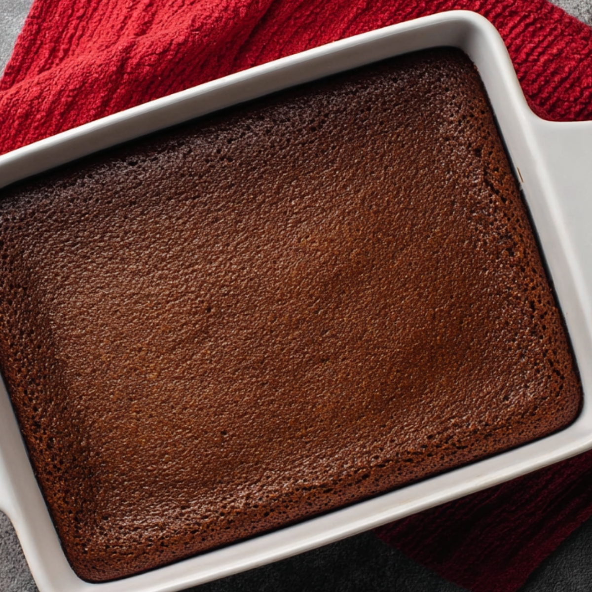 Easy Gingerbread Cake Recipe | Moist & Perfectly Spiced 13 Freshly baked gingerbread cake in a white rectangular ceramic baking dish on a gray surface with a red towel.