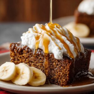 Easy Gingerbread Cake Recipe | Moist & Perfectly Spiced 18 A slice of moist gingerbread cake topped with whipped cream and honey drizzle, served with banana slices on a plate.