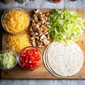 30-Minute Grilled Chicken Burrito - Crispy & Cheesy 14 Prepared chipotle ranch grilled chicken burrito ingredients including sliced grilled chicken, shredded cheddar cheese, chopped iceberg lettuce, diced tomatoes, and stacked flour tortillas on a wooden cutting board.