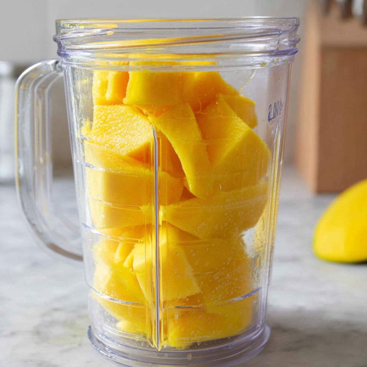 3-Ingredient Mango Iced Tea That's Better Than Starbucks! 10 "Sliced mango pieces stacked in a blender, ready to be blended into puree. The blender is clear, and the background shows a kitchen counter with kitchen tools in view."