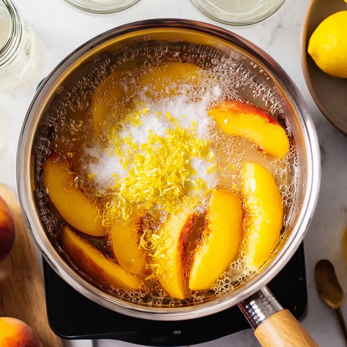 Peach Lemonade Recipe: Fresh, Easy & Ready in Minutes 10 "A close-up of a saucepan filled with peach slices, lemon zest, and sugar, simmering in a liquid. There are mason jars ready for the lemonade in the background, and fresh peaches are placed nearby."