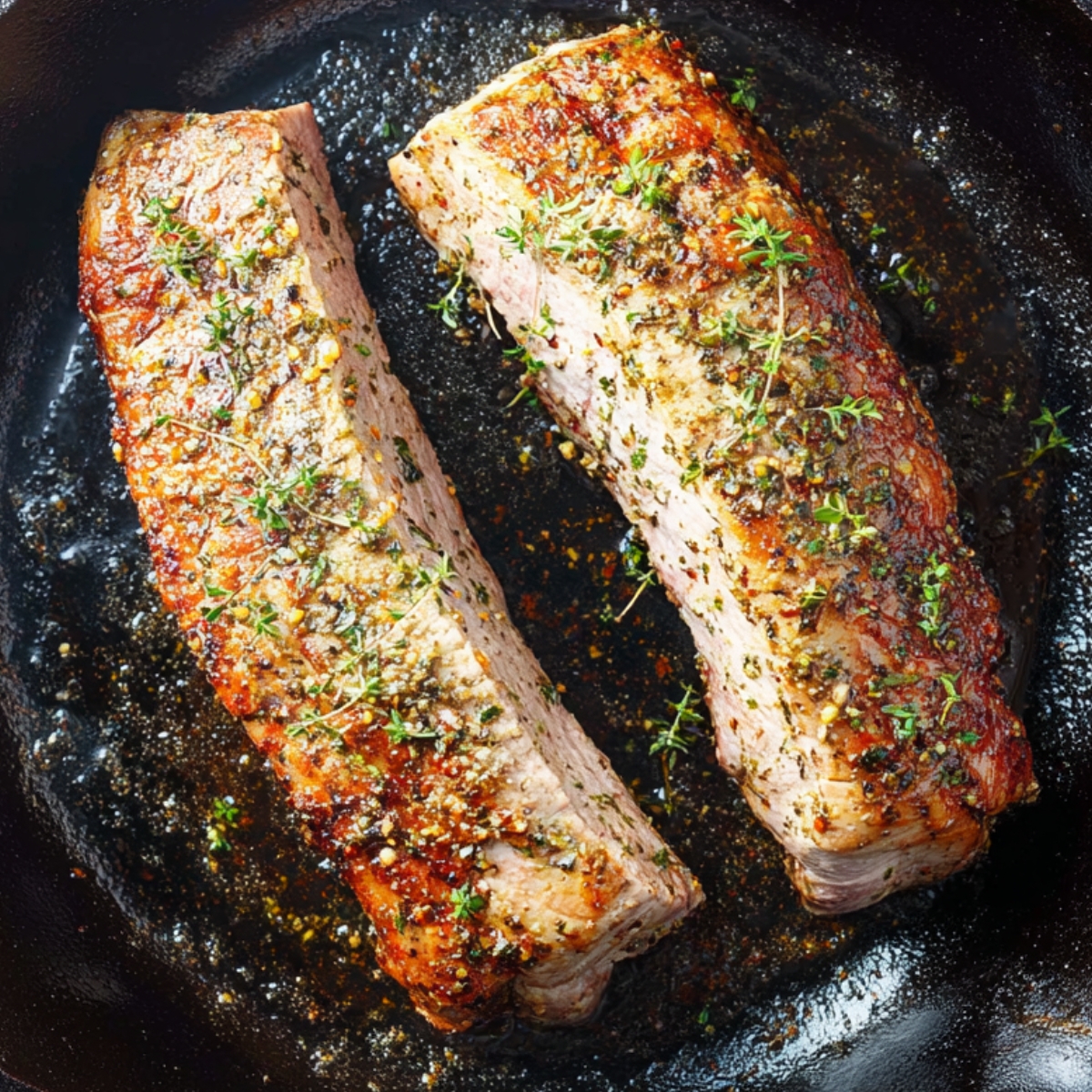 Best Pork Tenderloin Recipe | 30-Minute Dinner 12 Two pork tenderloins searing in a cast iron skillet, golden brown crust with herbs and spices, viewed from above.
