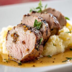 Best Pork Tenderloin Recipe | 30-Minute Dinner 16 “Juicy pork tenderloin slices plated over creamy mashed potatoes, garnished with fresh herbs and golden sauce.