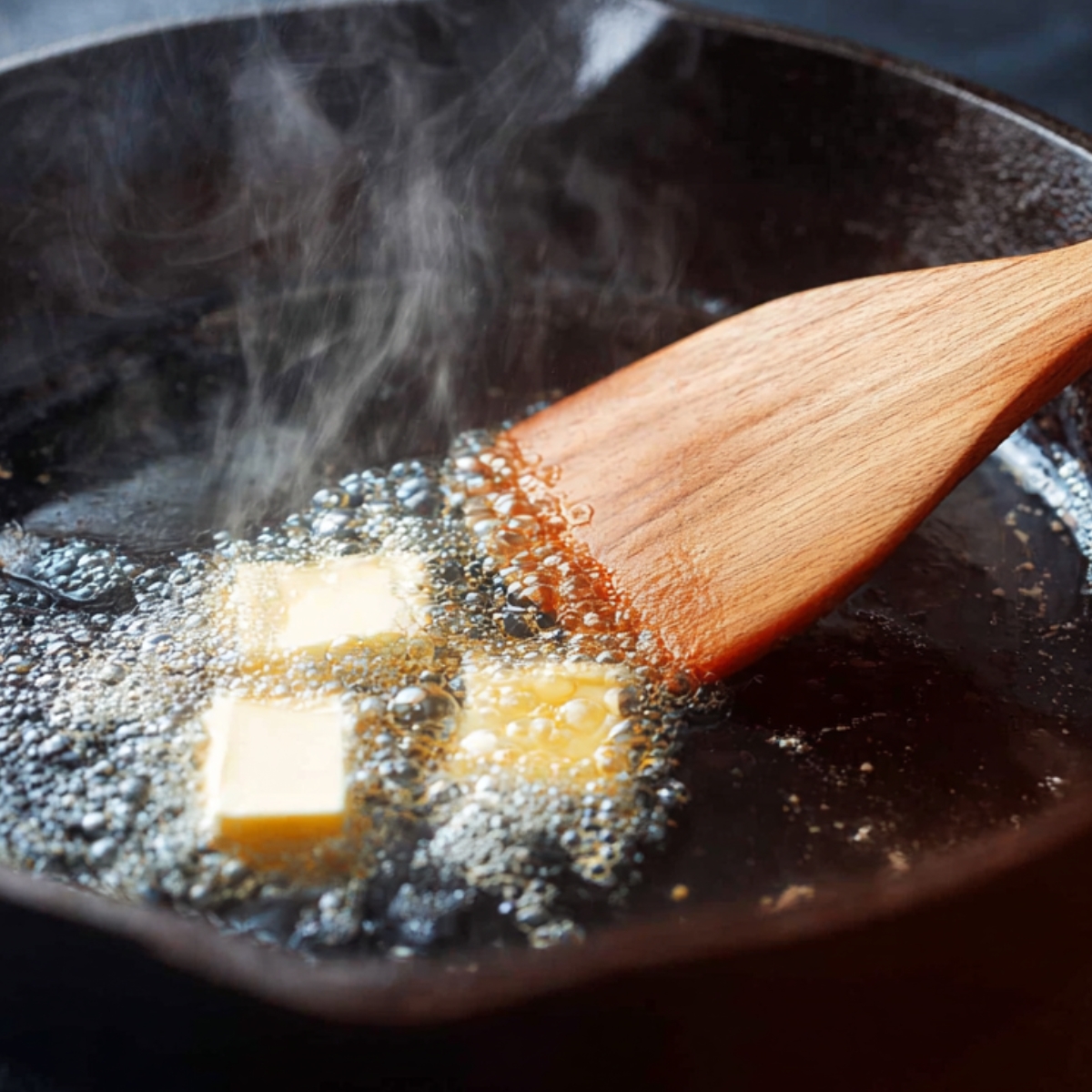 Best Pork Tenderloin Recipe | 30-Minute Dinner 10 Butter melting in a hot skillet with a wooden spatula, steam rising during the cooking process.