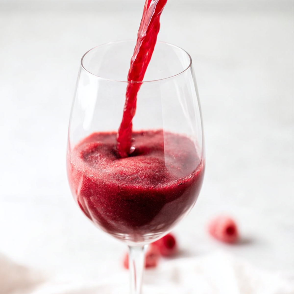 5-Minute Red Wine Slushies Recipe | Frozen Sangria 11 Red wine slushie being poured into a clear wine glass, smooth frozen texture on a white background