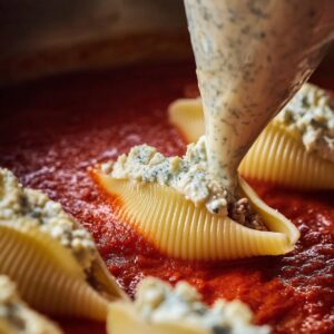 7-Step Sausage Stuffed Shells That'll Make Your Family 17 Ricotta and sausage filling being piped into jumbo pasta shells over marinara sauce