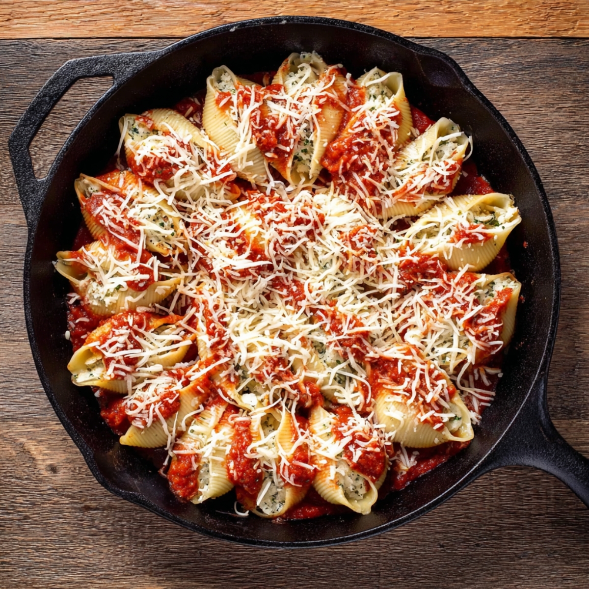 7-Step Sausage Stuffed Shells That'll Make Your Family 13 Top view of sausage stuffed jumbo pasta shells topped with marinara and shredded mozzarella in a cast iron skillet