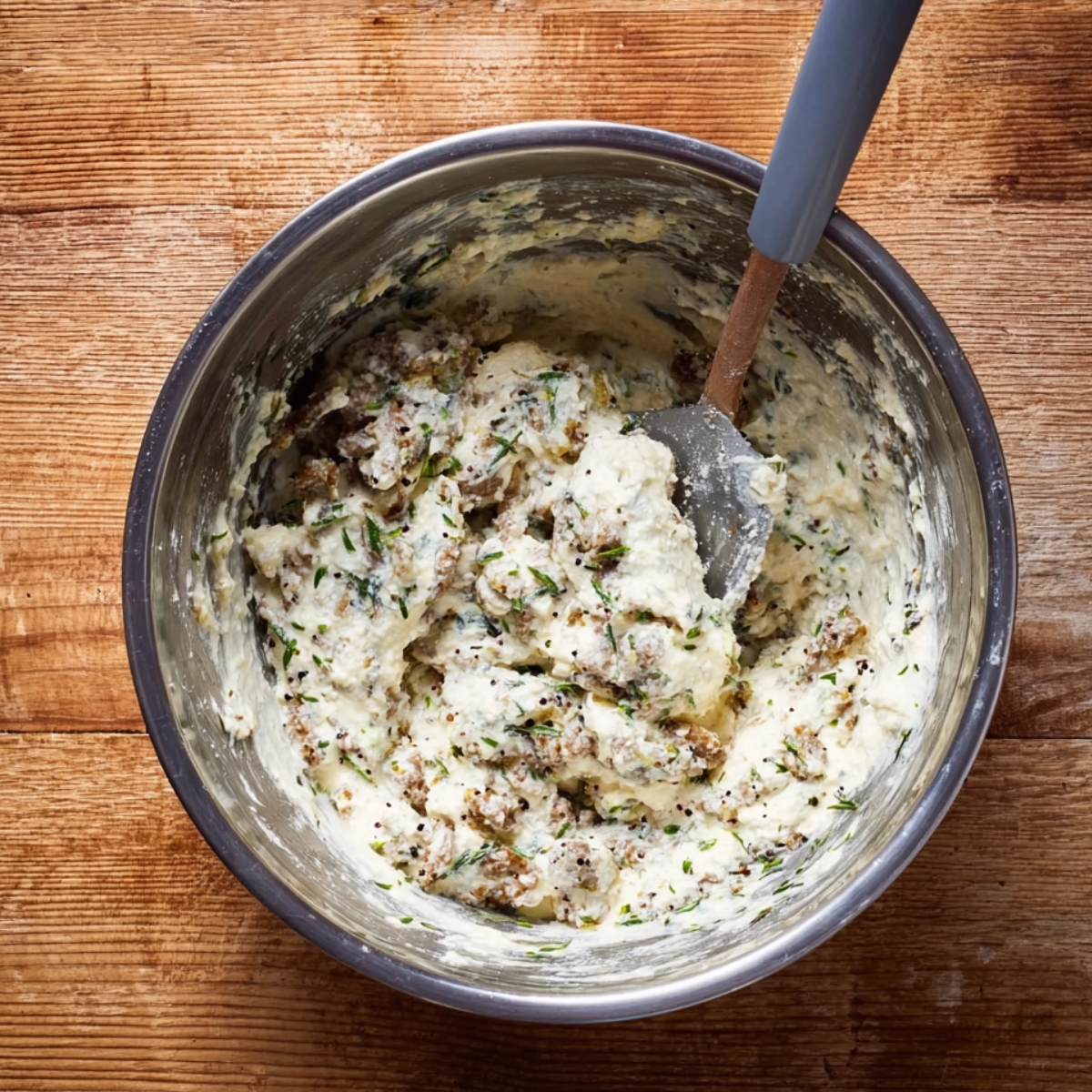 7-Step Sausage Stuffed Shells That'll Make Your Family 11 Creamy ricotta and Italian sausage filling mixed in a bowl for stuffed shells