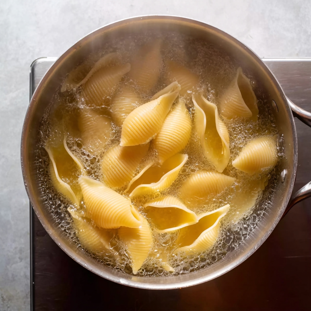 7-Step Sausage Stuffed Shells That'll Make Your Family 10 Jumbo pasta shells boiling in salted water in a large pot on the stove