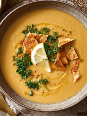 A close-up of Lebanese Red Lentil Soup served in a bowl, topped with crispy pita chips, fresh parsley, and a slice of lemon, garnished with olive oil drizzle.