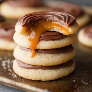 A tray of Twix Cookie Recipe with a visible bite taken from the top, revealing layers of caramel and chocolate with the cookie's soft interior.