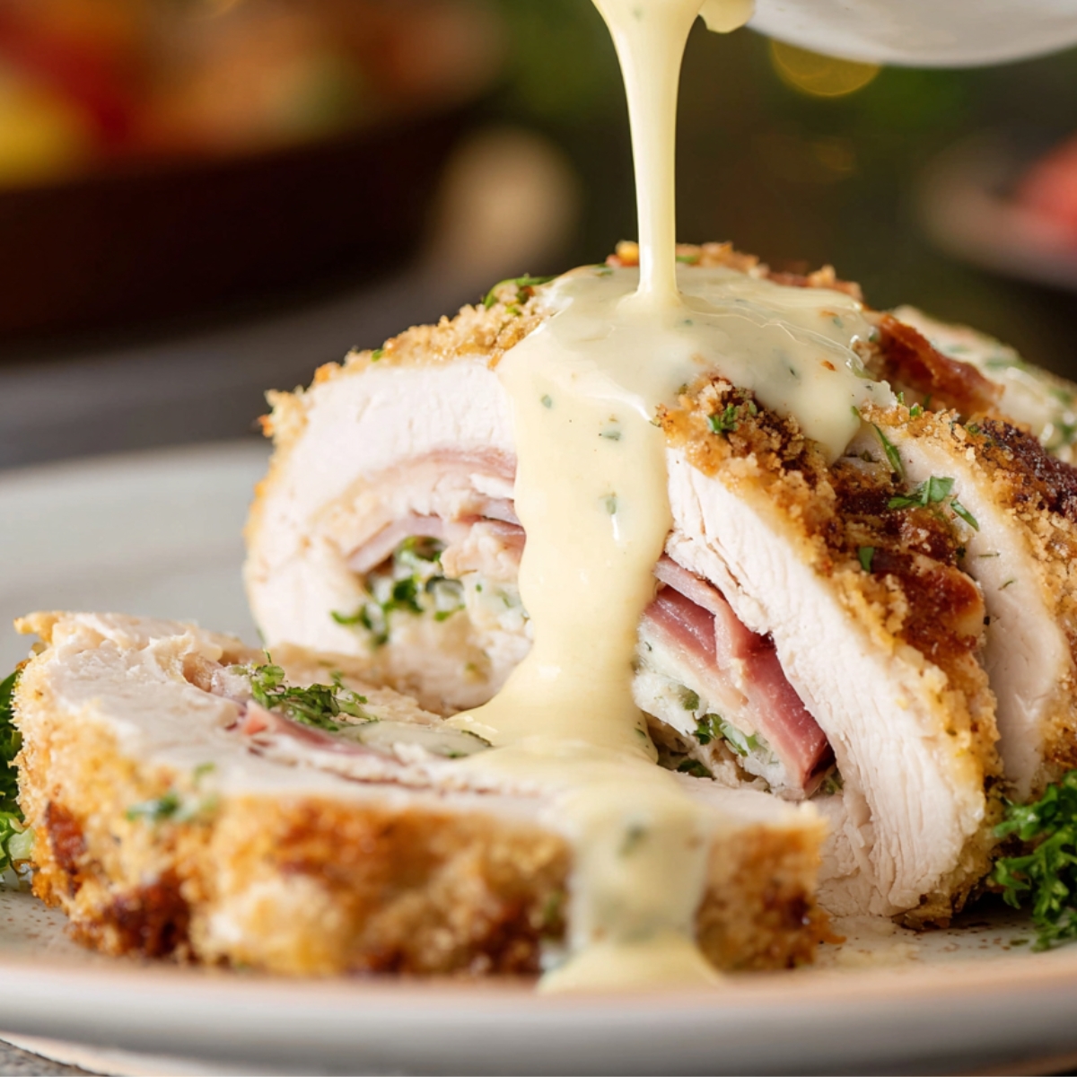Chicken Cordon Bleu Sliced chicken cordon bleu showing layers of chicken, ham, and melted cheese, topped with creamy Dijon sauce being poured over the top