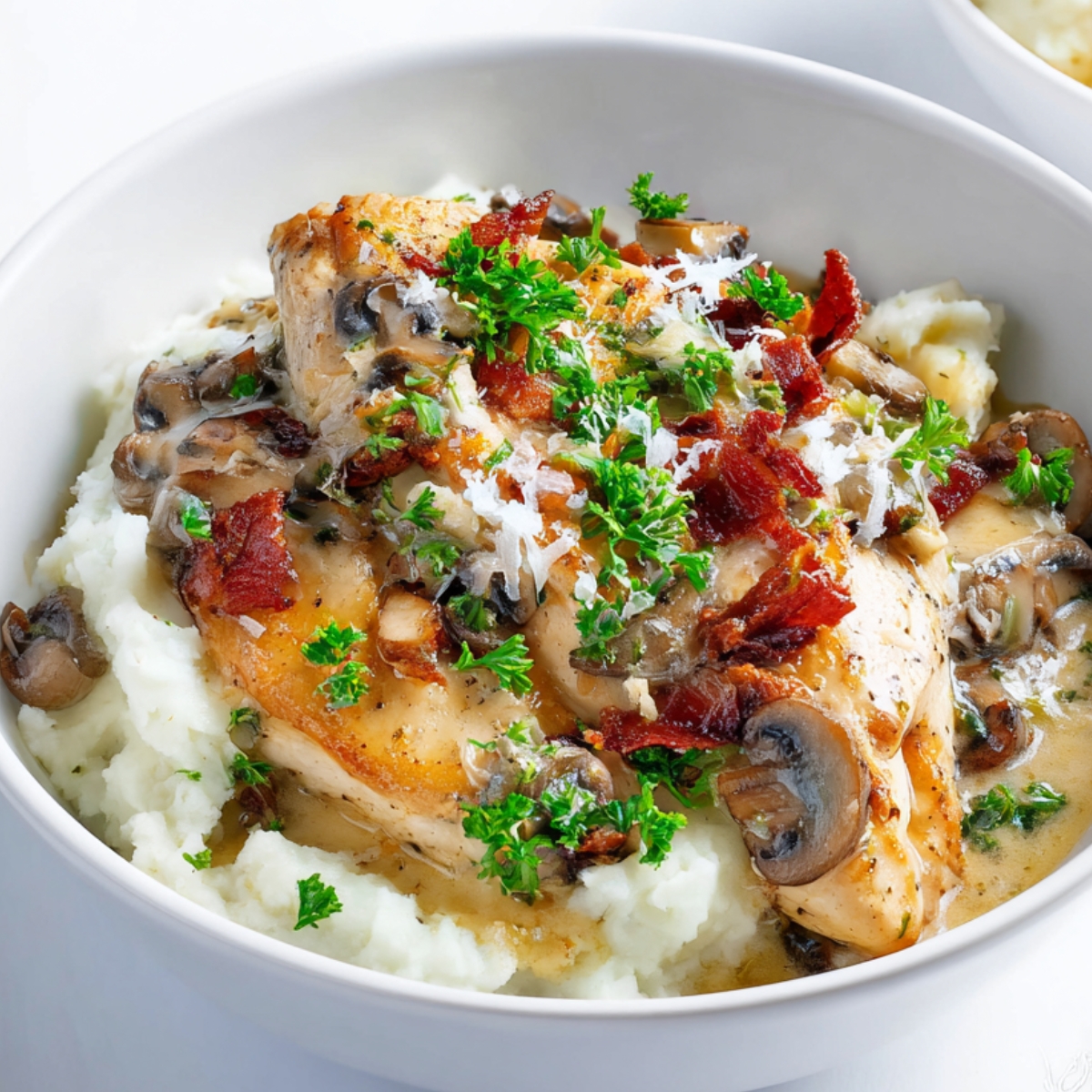 Creamy Mushroom Chicken Creamy chicken with mushrooms and bacon in garlic cream sauce over mashed potatoes