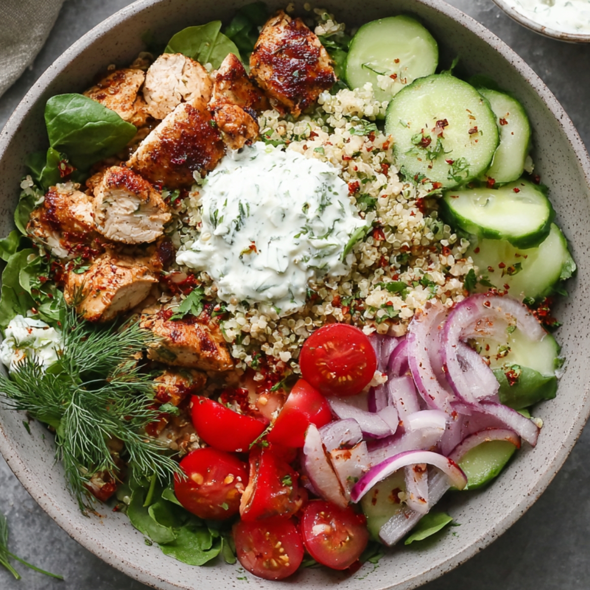 Greek bowl recipe with grilled chicken, quinoa, cucumber slices, cherry tomatoes, red onion, leafy greens, and creamy tzatziki sauce topped with fresh dill