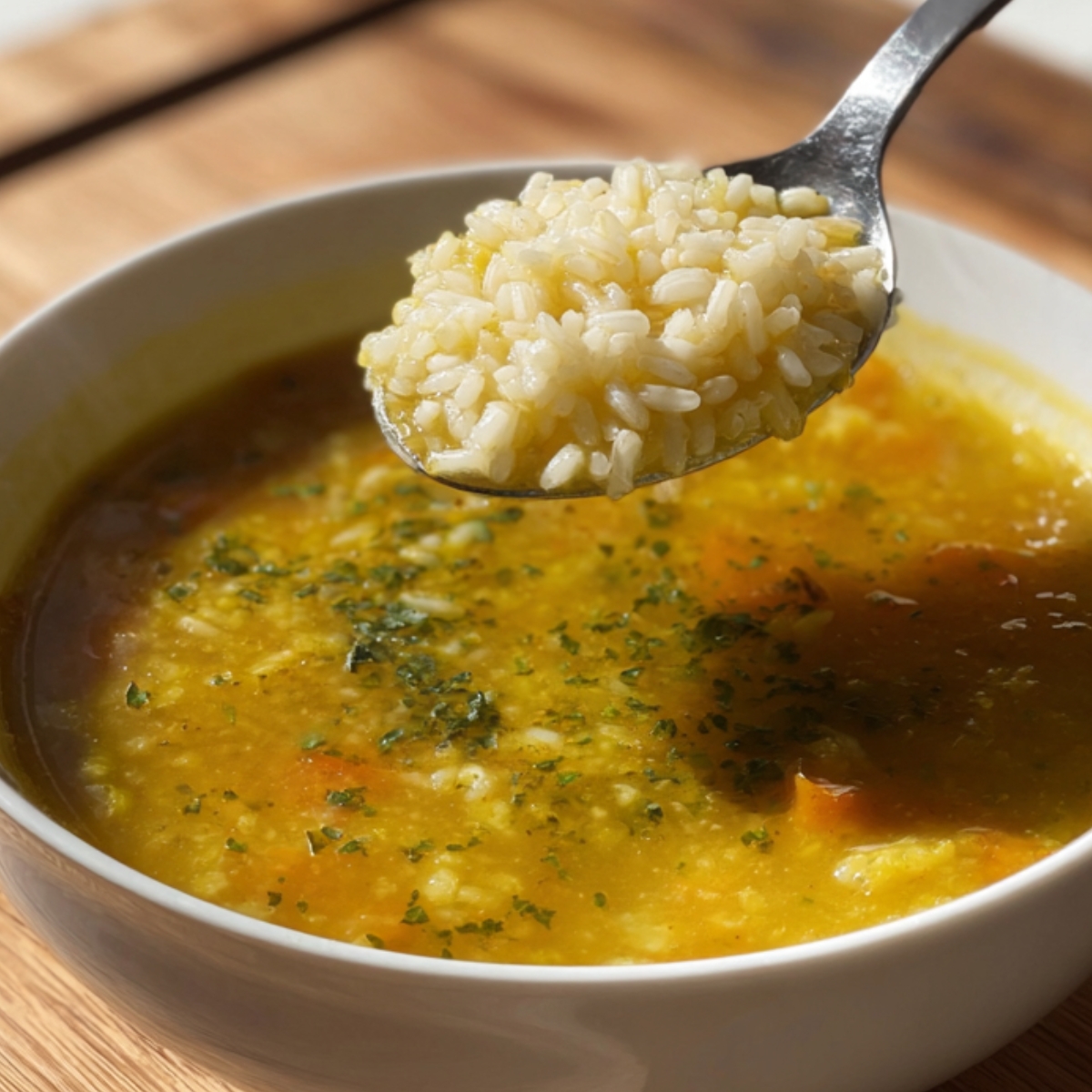 Italian Penicillin Soup Close-up of a bowl of golden vegetable soup with rice, spoon lifting cooked rice from the soup, warm natural light