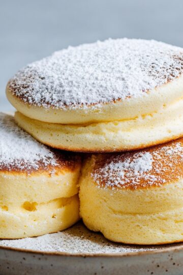 Best Japanese Pancakes Recipe 15 Japanese pancakes stacked on a ceramic plate, ultra thick and airy texture, lightly golden sides, generously dusted with powdered sugar, soft natural daylight, minimalist food photography, shallow depth of field, high detail, clean background, professional studio lighting, 4k food photography