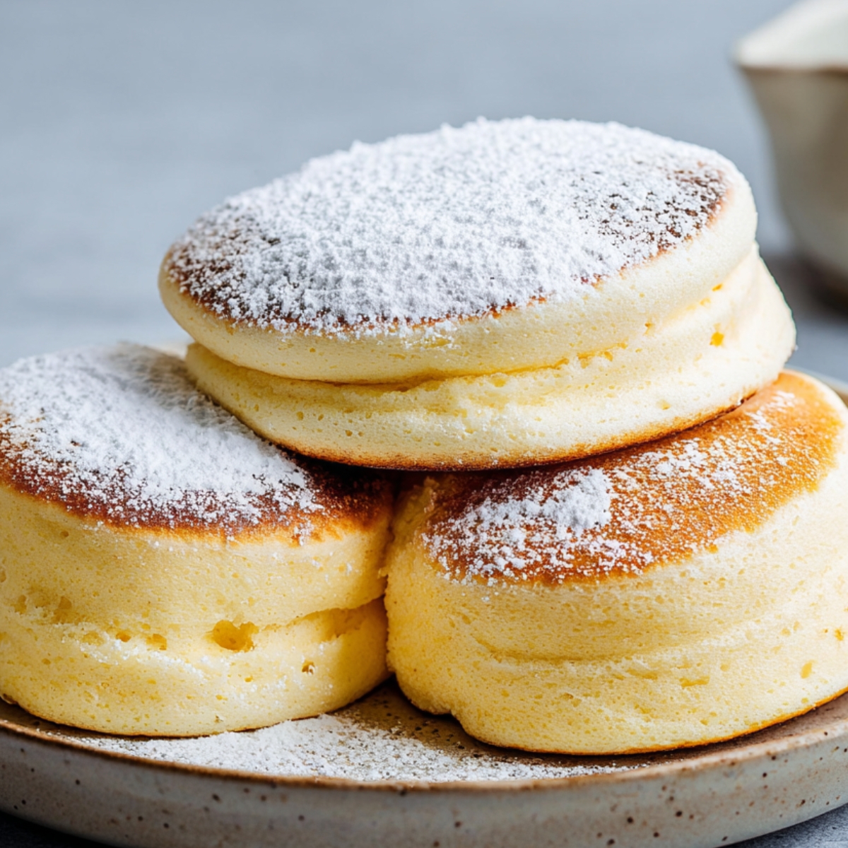 Japanese pancakes stacked on a ceramic plate, ultra thick and airy texture, lightly golden sides, generously dusted with powdered sugar, soft natural daylight, minimalist food photography, shallow depth of field, high detail, clean background, professional studio lighting, 4k food photography