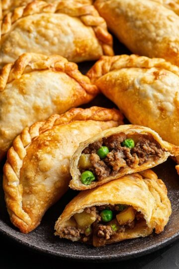 Easy baked beef empanadas | Golden & Freezer-Friendly 11 baked beef empanadas Golden baked beef empanadas arranged on a dark ceramic plate, flaky pastry with braided edges, one empanada cut open showing savory ground beef filling with peas and diced potatoes, natural soft lighting, food photography, high detail, rustic style, shallow depth of field, 4k, editorial food shot
