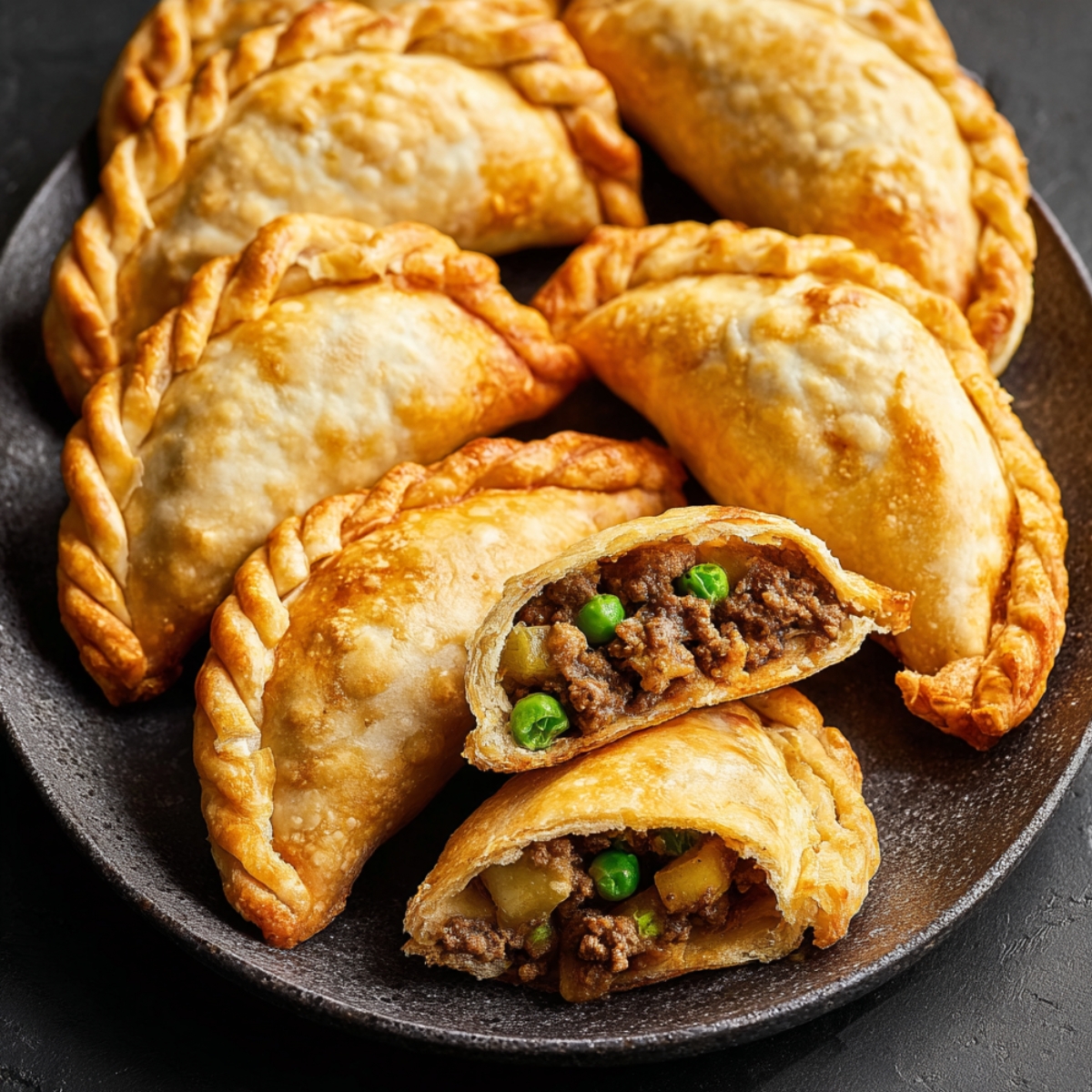 baked beef empanadas Golden baked beef empanadas arranged on a dark ceramic plate, flaky pastry with braided edges, one empanada cut open showing savory ground beef filling with peas and diced potatoes, natural soft lighting, food photography, high detail, rustic style, shallow depth of field, 4k, editorial food shot