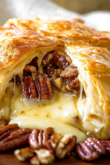 baked brie Melted baked brie oozing from puff pastry with toasted pecans and syrup