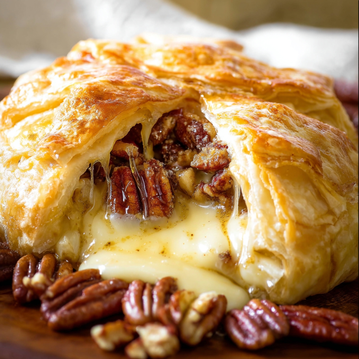 baked brie Melted baked brie oozing from puff pastry with toasted pecans and syrup