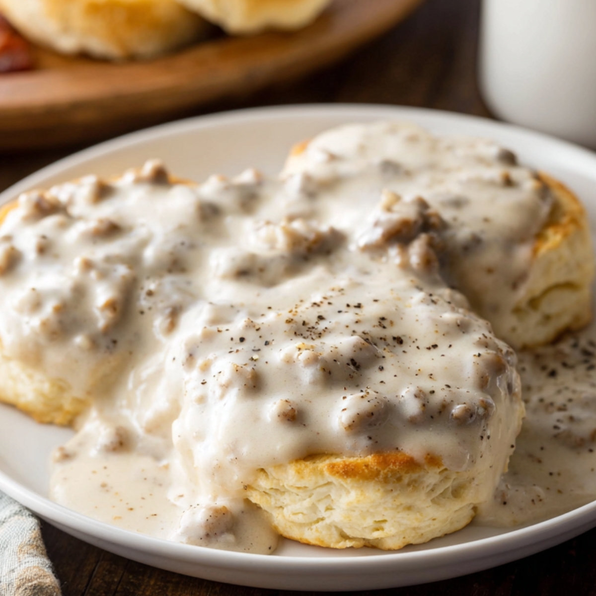 breakfast gravy recipe Fluffy homemade biscuits topped with creamy sausage gravy and black pepper, served on a white plate for a classic Southern breakfast.