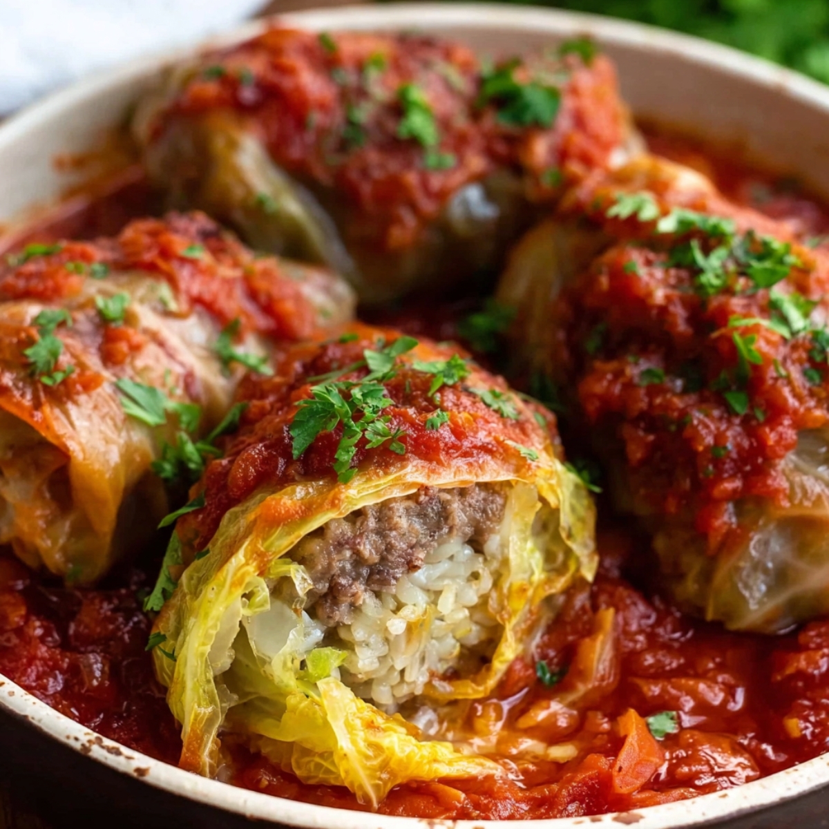 cabbage rolls recipe Close-up of cabbage rolls with a rich tomato sauce and herbs, showing the stuffed filling.