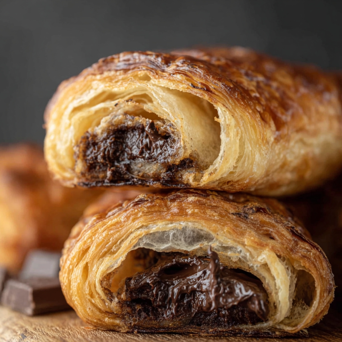 Chocolate Croissants Recipe 9 chocolate croissants Close-up of pain au chocolat cut open, revealing flaky airy layers and melted dark chocolate inside, ultra-detailed pastry texture, warm bakery lighting, rustic wooden board, high-end food photography