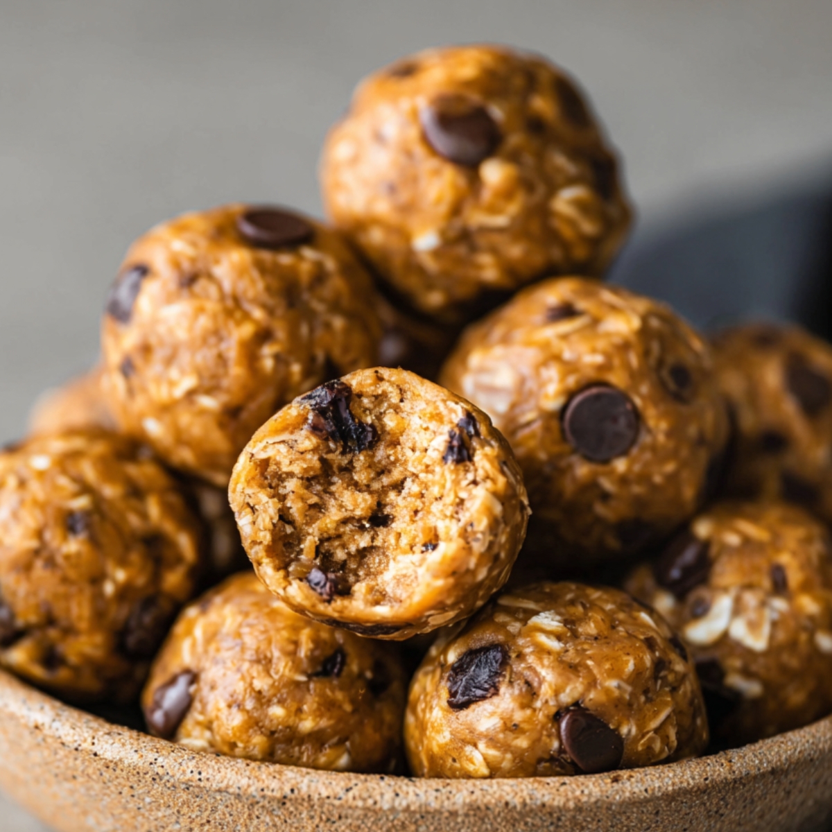 energy ball Recipe No-bake peanut butter energy balls piled in a rustic ceramic bowl with oats and chocolate chips, healthy homemade snack