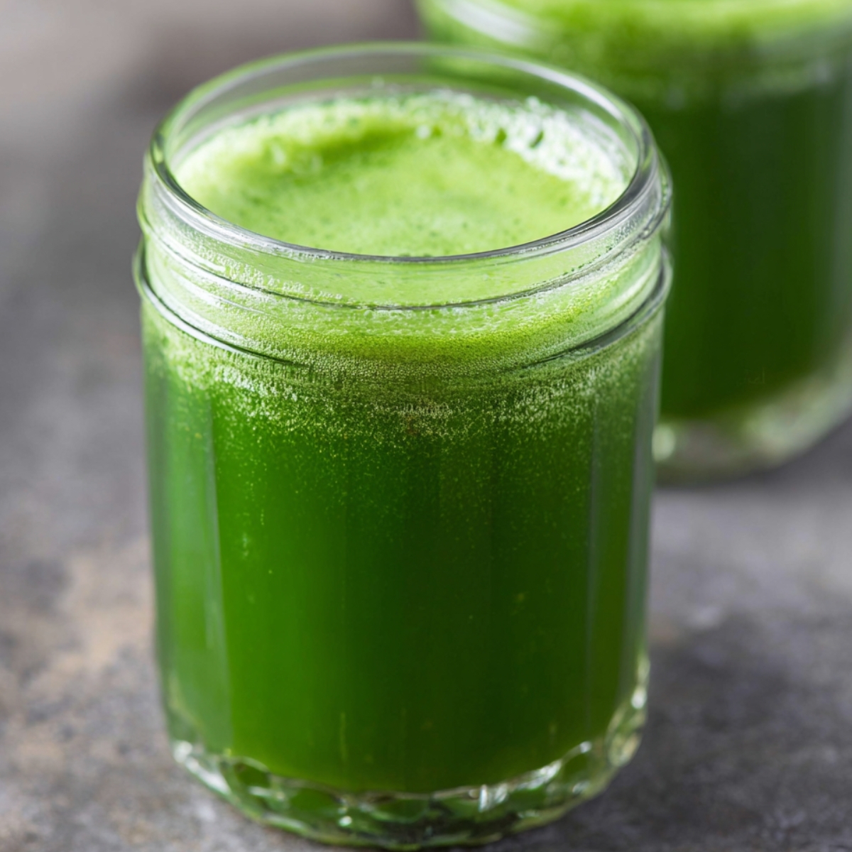 green juice recipe Glass jar filled with bright green juice, smooth texture with light foam on top, blurred background with another jar behind, close-up composition, natural soft lighting, healthy detox drink, professional food photography, high realism, editorial style