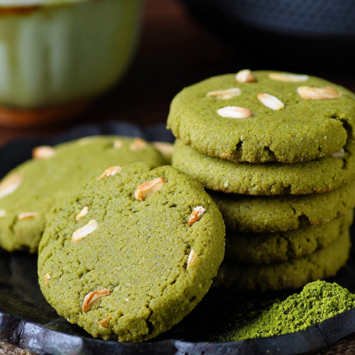 matcha cookies Styled food photography of green matcha cookies stacked and tied with white string on a black plate, rustic wooden table, minimalist Japanese aesthetic, soft natural light, elegant dessert presentation, high resolution