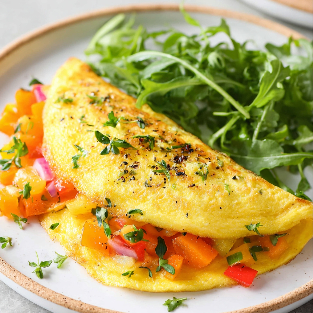 omelette recipe Top-down view of beaten eggs in a ceramic bowl with black pepper seasoning, fork inside bowl, airy egg texture, neutral background, clean minimal food prep photography, soft lighting, realistic detail