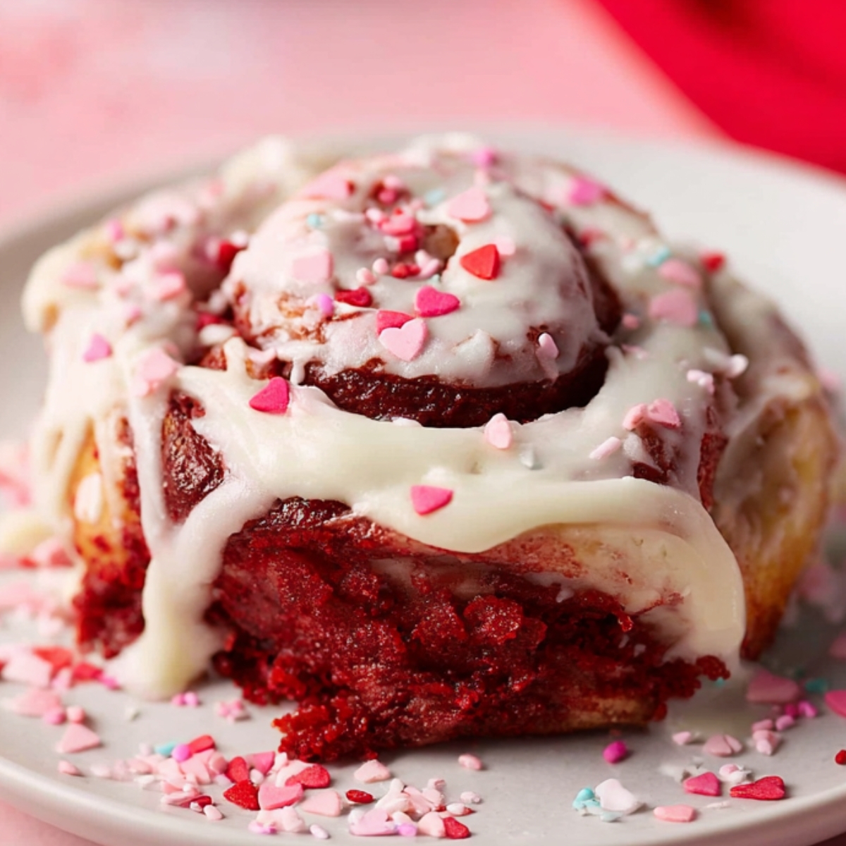 red velvet cinnamon rolls Single red velvet cinnamon roll with cream cheese icing and heart sprinkles, cut open to show soft red interior.