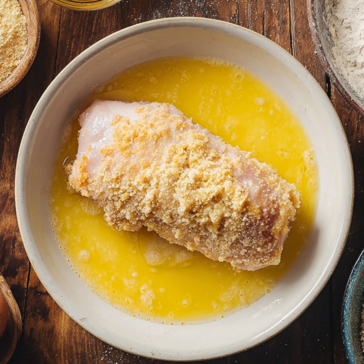 Baked Chicken Cordon Bleu Recipe | Crispy & Easy 11 Chicken cordon bleu roll being dipped into beaten eggs during the breading process, surrounded by flour and breadcrumbs
