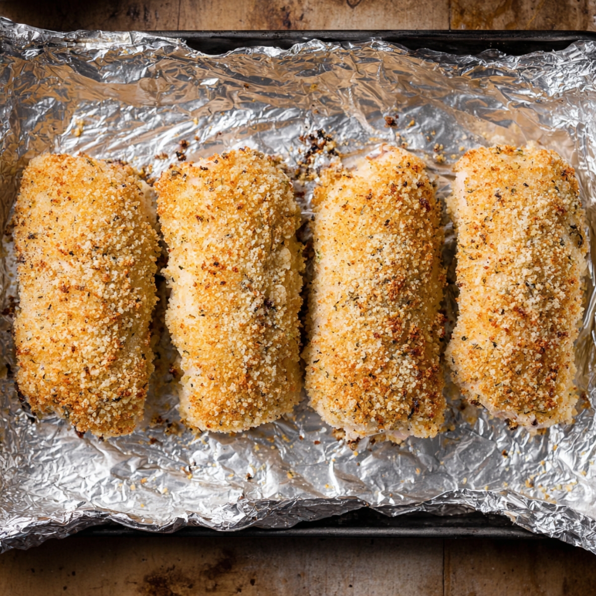 Baked Chicken Cordon Bleu Recipe | Crispy & Easy 12 Breaded chicken cordon bleu rolls arranged on a foil-lined baking sheet before baking in the oven