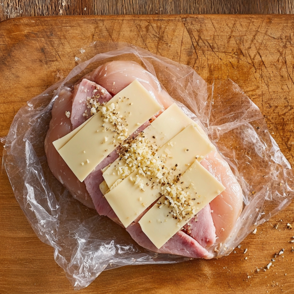 Baked Chicken Cordon Bleu Recipe | Crispy & Easy 10 Flattened chicken breast layered with ham and Swiss cheese on plastic wrap, prepared for rolling on a wooden cutting board