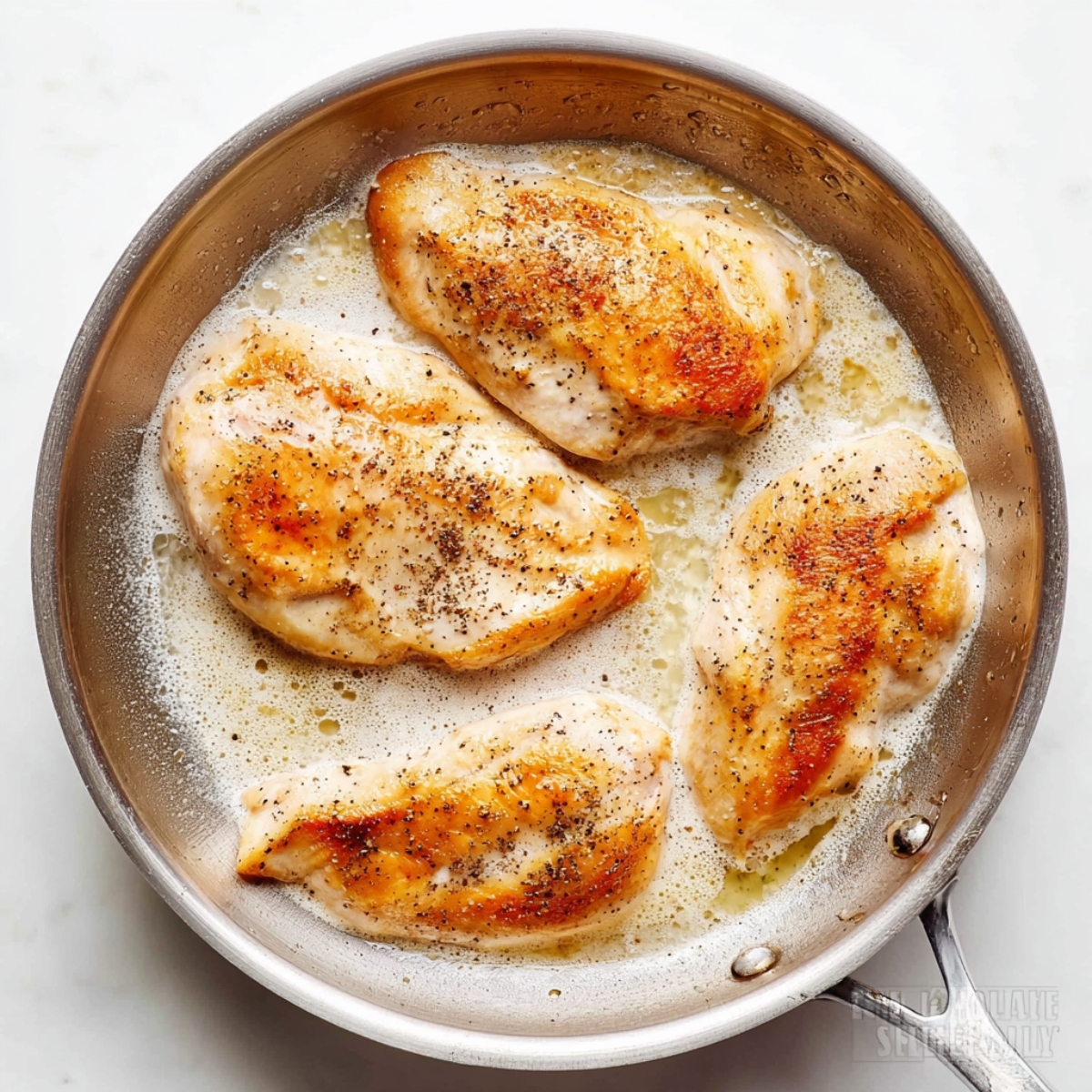 Creamy Mushroom Chicken Recipe 10 Pan-seared chicken breasts seasoned with pepper cooking in butter in a skillet