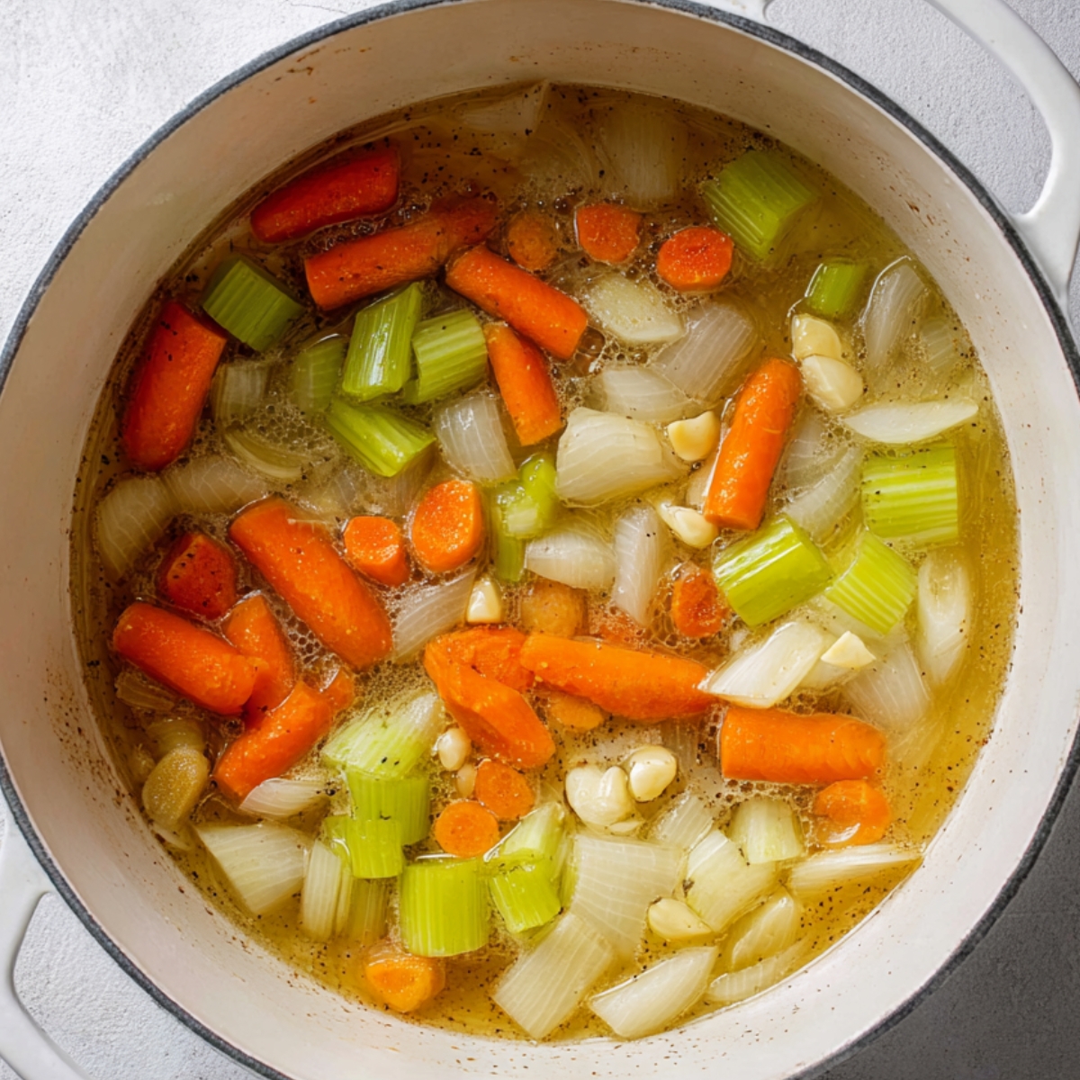Italian Penicillin Soup Recipe 10 Overhead process shot of carrots, celery, onions, and garlic simmering in broth in a white pot, soup base preparation